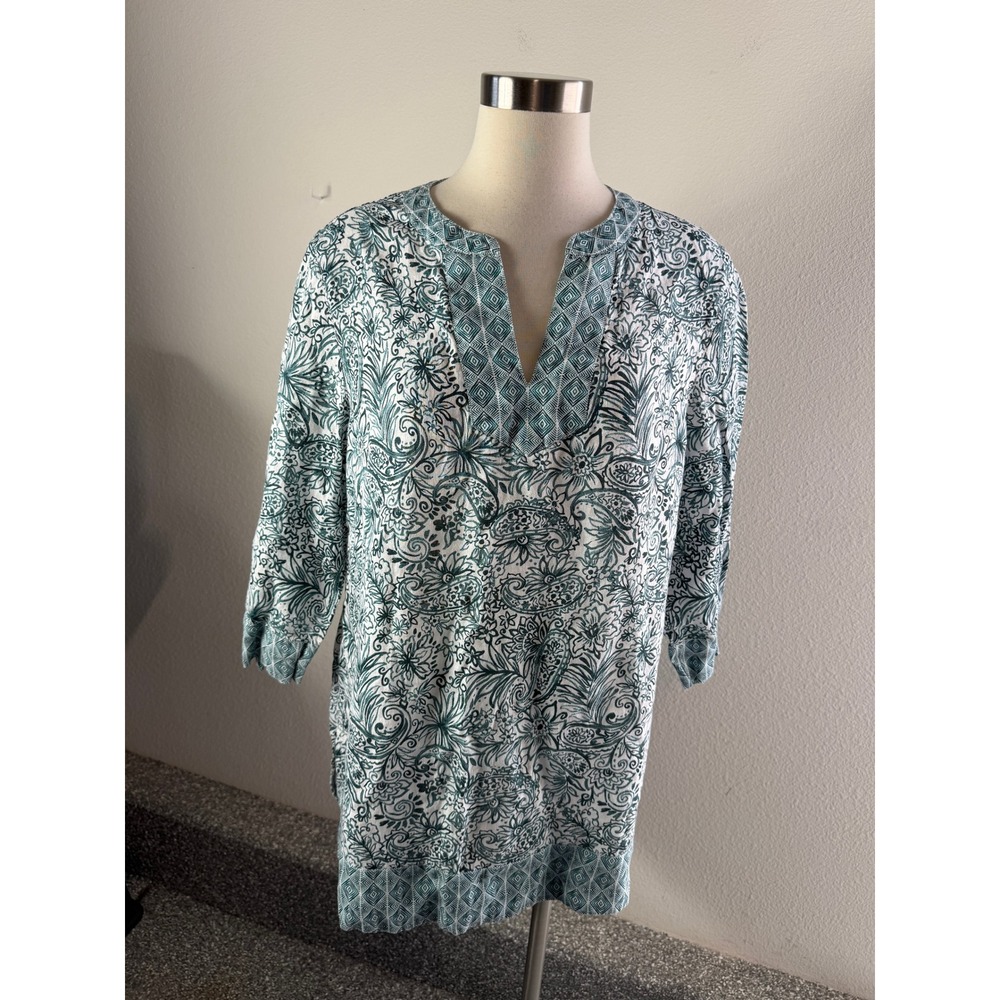 Sigrid Olsen Womens Large 100% Linen Teal White Floral Button Up Shirt Tunic Top